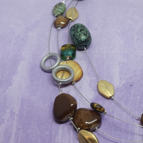 Chico's Multi Strand Silver Tone Brown & Green Beaded Necklace - Picture 3 of 7